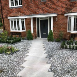 silver grey porcelain paving pathways low maintenance front garden